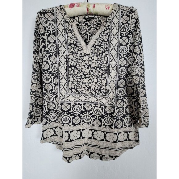 Lucky Brand Womens Black & Beige Floral Boho Tunic Top Small Cotton Blend Casual - Picture 1 of 8